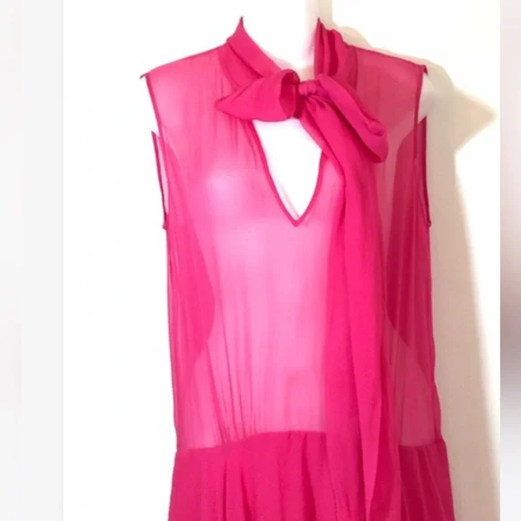 BCBG Basha Begonia Barbie Pink Bow Tie Long Silk Sheer Chiffon Tiered Maxi Dress